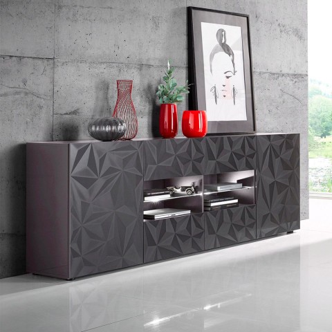 Moderne dressoir met 2 deuren en 4 lades in glanzend grijs, 241 cm Prisma Rt L Aanbieding