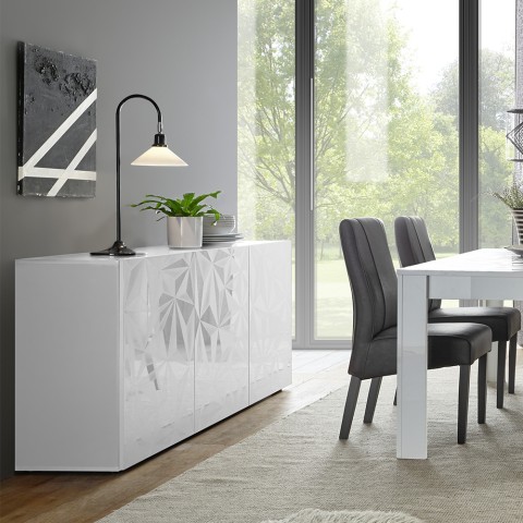 Witte glanzende dressoir Prisma Wh S met 3 deuren voor woonkamer of keuken Aanbieding
