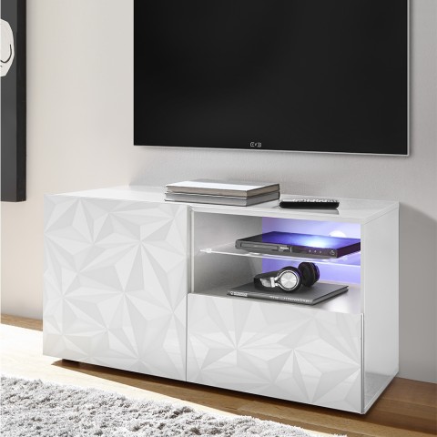 Meuble TV blanc brillant 1 porte tiroir 121cm Petite Wh Prisma Promotion