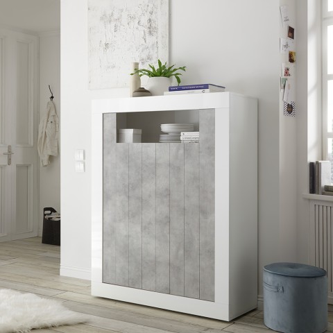 Buffet haut séjour 144cm blanc laqué effet béton moderne Sior BC Promotion