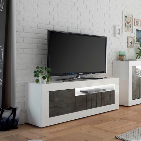 Meuble TV design moderne 138 cm 3 portes blanc brillant noir Jaor BX Promotion