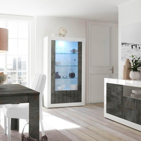 Design vitrine 2 deuren 110x191cm woonkamer glanzend wit zwart Dern BX Aanbieding
