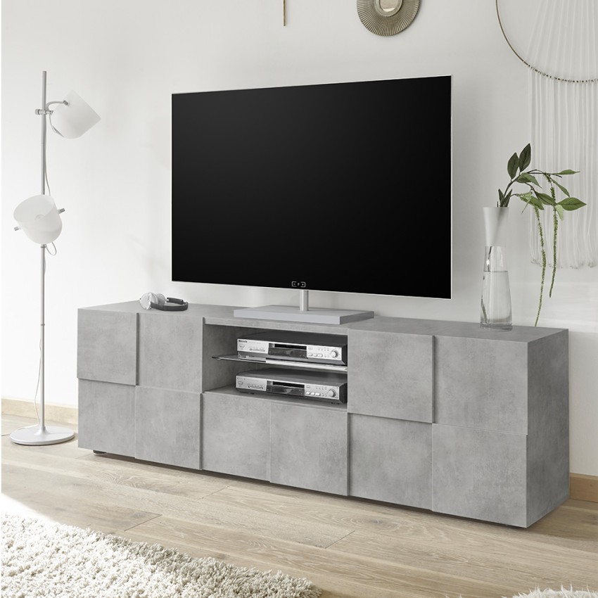 Meuble TV 2 portes et tiroir effet béton design damier Tecum Ct Dama Promotion Meuble TV 2 portes et tiroir effet béton design damier Tecum Ct Dama Promotion