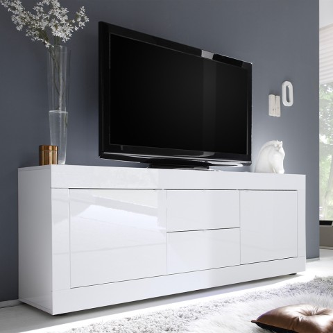 Meuble TV 2 portes 2 tiroirs moderne 210cm blanc brillant Visio Wh Promotion