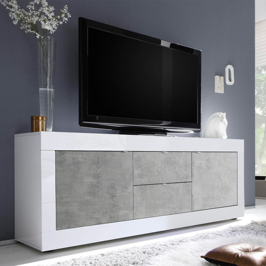 Tv-meubel 210cm 2 deuren 2 lades hoogglans wit cement Visio BC Aanbieding Tv-meubel 210cm 2 deuren 2 lades hoogglans wit cement Visio BC Aanbieding