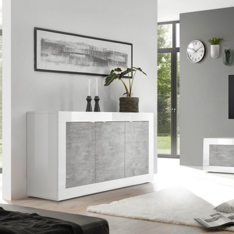 Moderne dressoir woonkamer met 3 deuren in hoogglans wit en beton Modis BC Basic Aanbieding