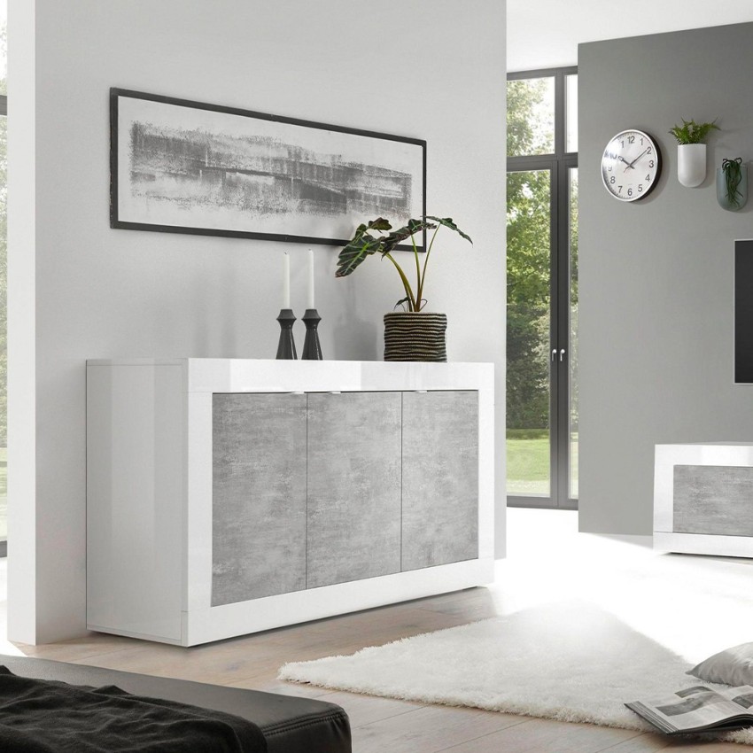 Moderne dressoir woonkamer met 3 deuren in hoogglans wit en beton Modis BC Basic Aanbieding