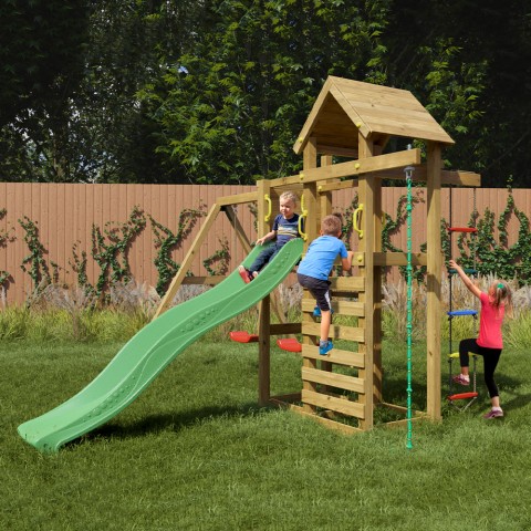 Aire de jeux extérieure toboggan escalade maisonnette balançoires Mixter Promotion