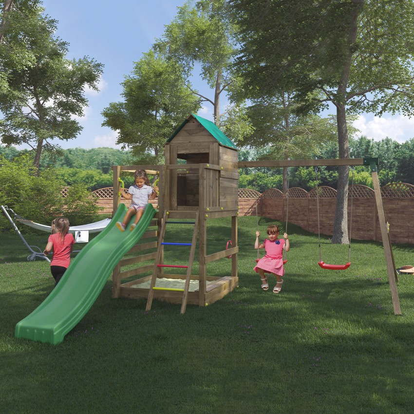 Aire de jeux pour enfants jardin maisonnette toboggan balançoires bac à sable Jarcas4 Promotion Aire de jeux pour enfants jardin maisonnette toboggan balançoires bac à sable Jarcas4 Promotion