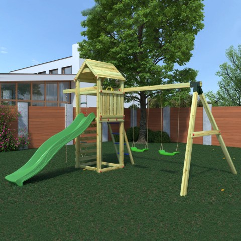 Aire de jeux enfants jardin corde d'escalade toboggan balançoires Gaia Promotion