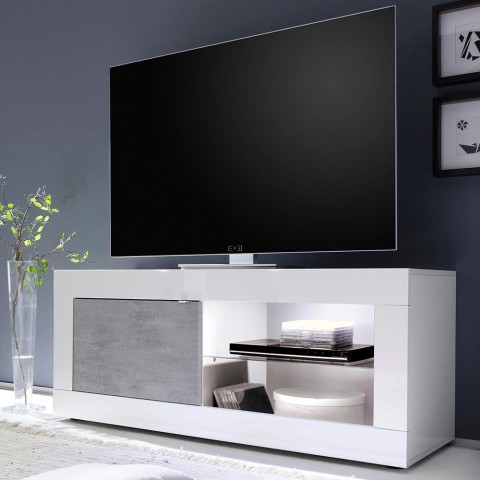 Meuble TV mobile moderne blanc brillant gris ciment Diver BC Basic Promotion
