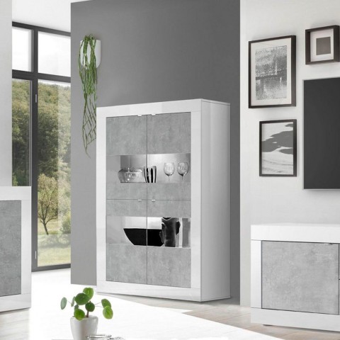 Vitrine séjour moderne 4 portes blanc brillant ciment Tina BC Basic Promotion