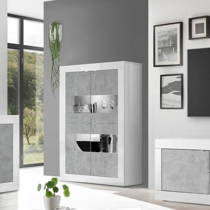 Vitrine séjour moderne 4 portes blanc brillant ciment Tina BC Basic Promotion Vitrine séjour moderne 4 portes blanc brillant ciment Tina BC Basic Promotion