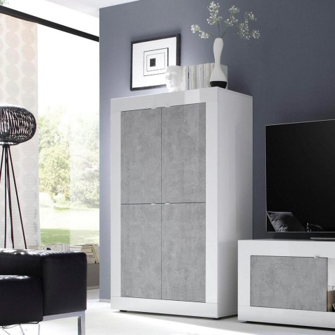 Buffet cuisine séjour 4 portes blanc brillant béton Novia BC Basic Promotion
