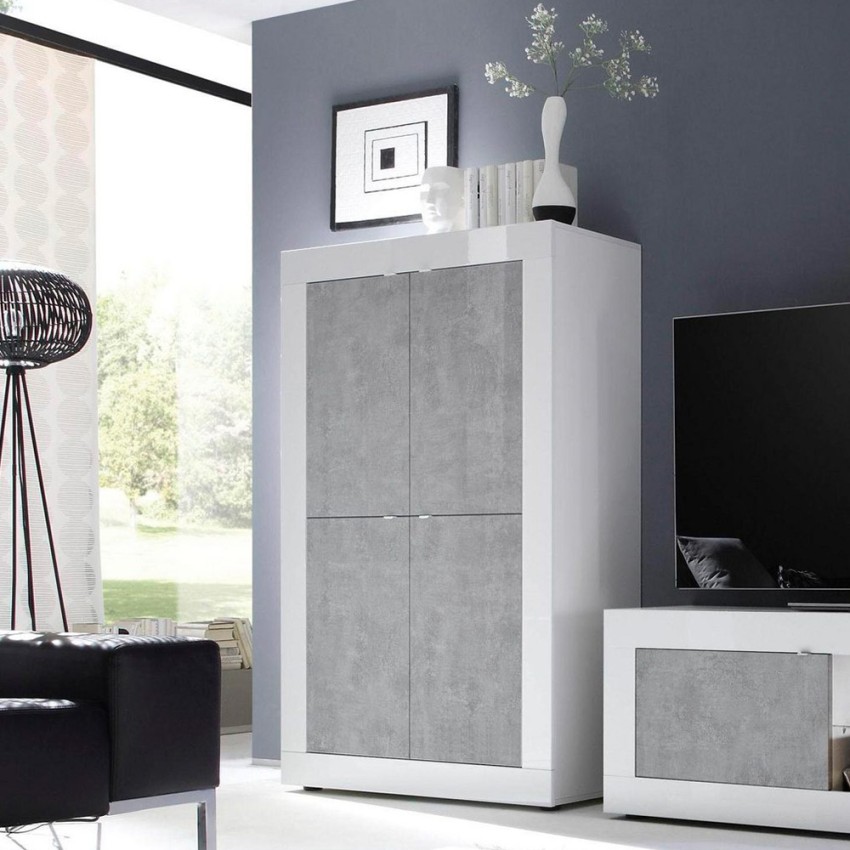 Buffet cuisine séjour 4 portes blanc brillant béton Novia BC Basic Promotion