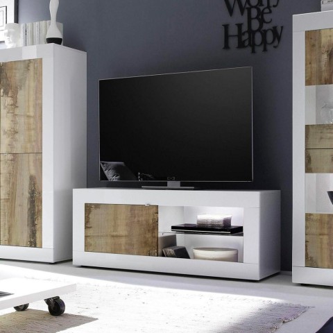 Mobiele tv-standaard voor woonkamer in glanzend witte en houten Diver BW Basic. Aanbieding