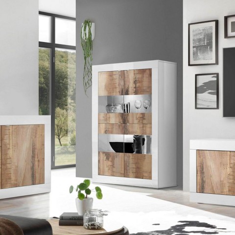 Vitrine de séjour blanc brillant 4 portes en verre et bois Tina BW Basic Promotion