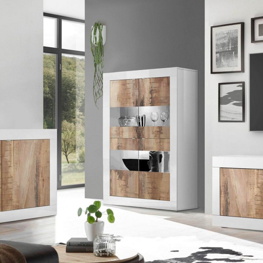 Vitrine de séjour blanc brillant 4 portes en verre et bois Tina BW Basic Promotion