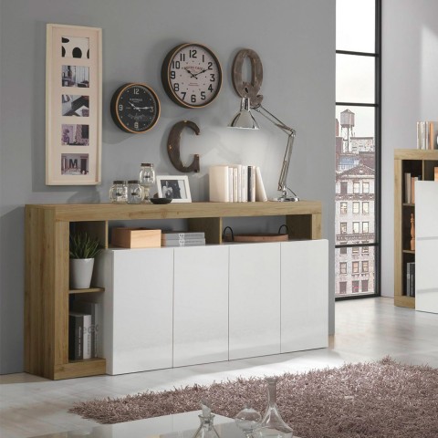 Buffet séjour Cadiz BR 184cm, 4 portes blanc laqué chêne. Promotion