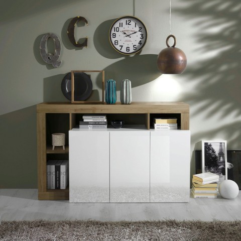 Buffet moderne 3 portes blanc laqué chêne 146 cm Hailey BR Promotion