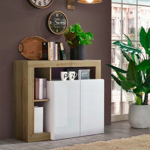 Buffet de salon ou bureau Reva BR, 2 portes, blanc laqué et chêne Promotion