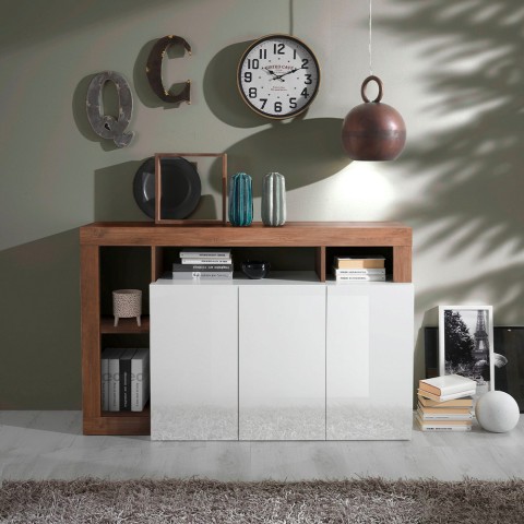 Buffet en bois 146 cm 3 portes blanc brillant Hailey MR Promotion