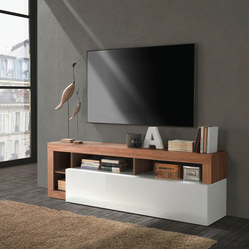 Meuble TV mobile moderne en bois avec porte laqué blanc Dorian MR Promotion Meuble TV mobile moderne en bois avec porte laqué blanc Dorian MR Promotion