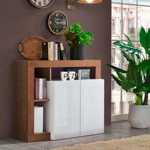 Madia séjour 108cm meuble 2 portes en bois blanc laqué brillant Reva MR. Promotion