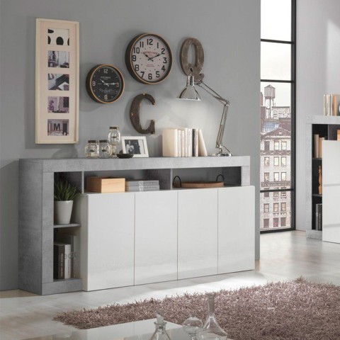 Buffet de salon 4 portes blanc brillant gris ciment Cadiz BC Promotion