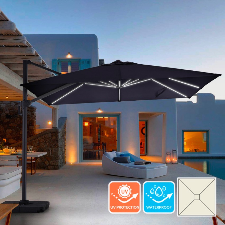 Zwarte zweefparasol 3x3 m met LED-verlichting op zonne-energie Waikiki Light Dark Aanbieding Zwarte zweefparasol 3x3 m met LED-verlichting op zonne-energie Waikiki Light Dark Aanbieding