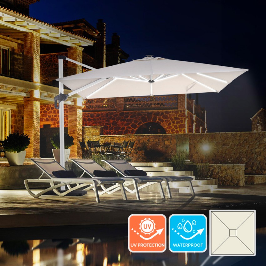 Zweefparasol 3x3 m met LED-licht op zonne-energie Waikiki Light White Aanbieding Zweefparasol 3x3 m met LED-licht op zonne-energie Waikiki Light White Aanbieding