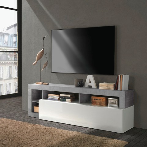 Meuble TV mobile blanc laqué et gris ciment 184 cm Dorian BC Promotion