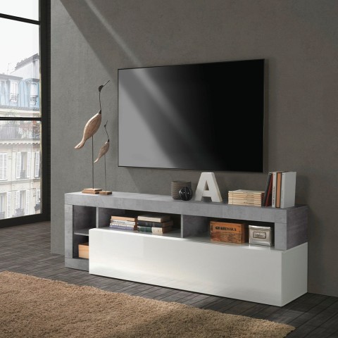 Mobile pour TV avec porte blanc brillant et gris cimenté 184 cm Dorian BC Promotion