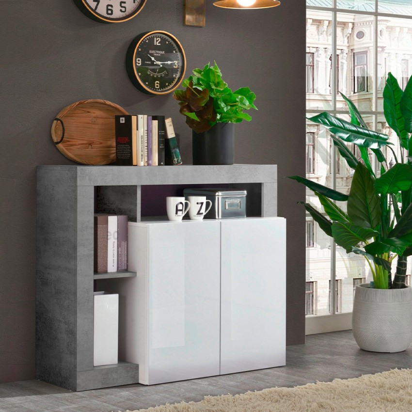 Buffet de rangement gris ciment 2 portes blanc brillant Reva BC Promotion Buffet de rangement gris ciment 2 portes blanc brillant Reva BC Promotion