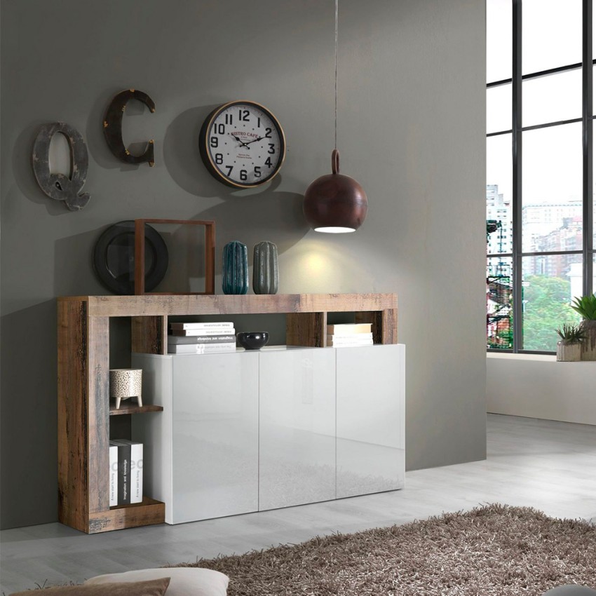 Moderne witte glanzende houten dressoir met 3 deuren 146cm Hailey BP Aanbieding Moderne witte glanzende houten dressoir met 3 deuren 146cm Hailey BP Aanbieding