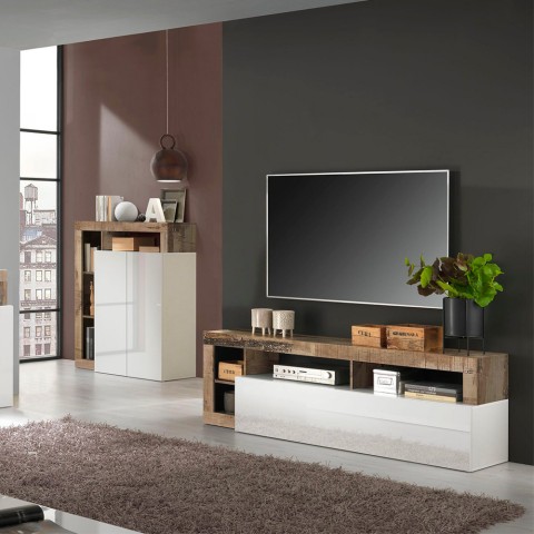 Mobiele woonkamer TV-meubel met houten omklapbare deuren en witte hoogglans afwerking Dorian BP Aanbieding