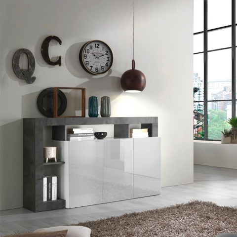 Credenza madia keukenkast met 3 glanzende witte deuren, modern, 146cm, zwart Hailey BX. Aanbieding