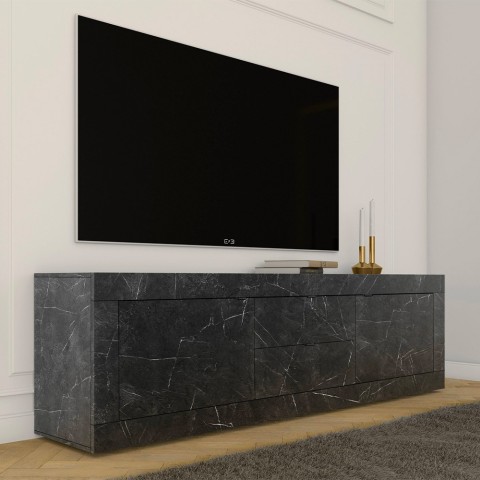Moderne zwarte TV-meubel mobiel met marmeren effect, 2 deuren en 2 laden Visio MB. Aanbieding