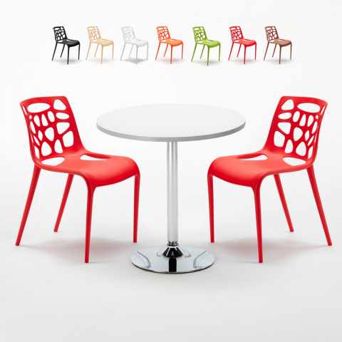 Ronde salontafel wit 70x70 cm en 2 gekleurde stoelen Gelateria Long Island Aanbieding