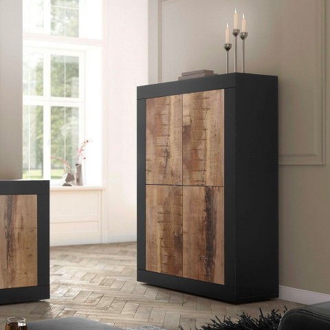 Buffet design industriel 4 portes noir mat et bois Novia NP Basic Promotion