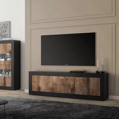 Meuble TV industriel 210cm, 2 portes, 2 tiroirs, bois noir Visio NP Promotion