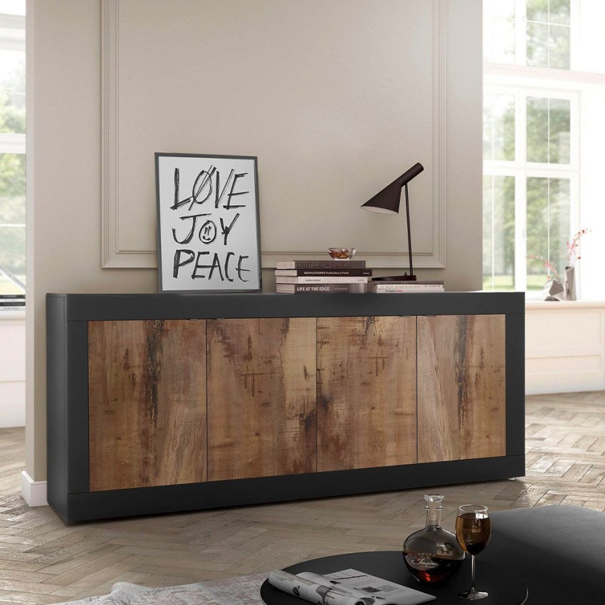 Industriële houten dressoir met 4 matzwarte deuren Altea NP Aanbieding Industriële houten dressoir met 4 matzwarte deuren Altea NP Aanbieding