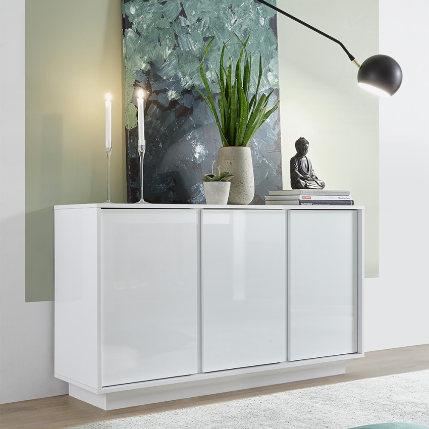 Buffet séjour cuisine 3 portes 138cm blanc brillant Dimas Ice Promotion Buffet séjour cuisine 3 portes 138cm blanc brillant Dimas Ice Promotion