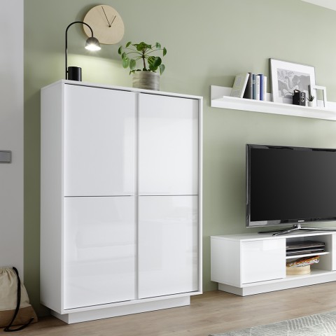 Buffet haut moderne 4 portes blanc laqué brillant h145cm Joyce Ice Promotion