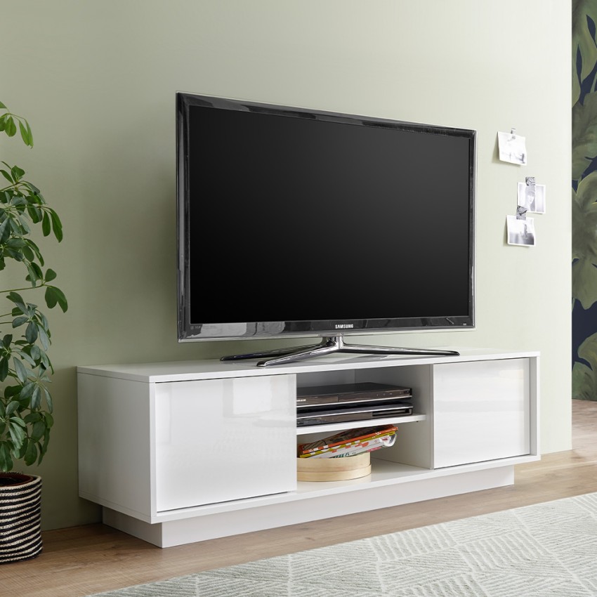 Moderne witte glanzende tv-kast 138cm met 2 deuren Dener Ice woonkamer Aanbieding Moderne witte glanzende tv-kast 138cm met 2 deuren Dener Ice woonkamer Aanbieding