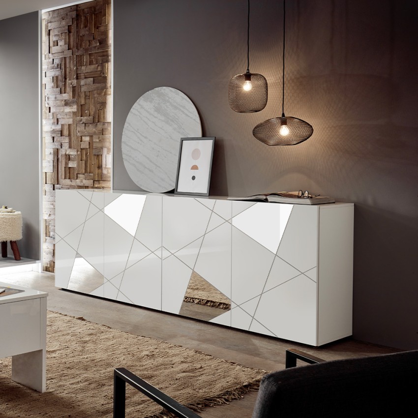 Buffet salon 4 portes 241cm blanc brillant miroir Vittoria WH L Promotion Buffet salon 4 portes 241cm blanc brillant miroir Vittoria WH L Promotion
