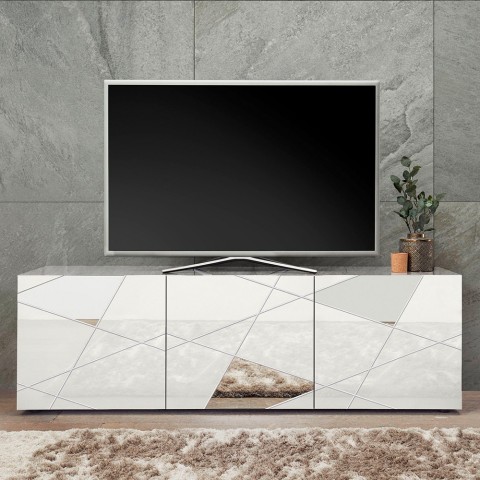 Meuble TV bas mobile blanc brillant 3 portes 181cm Brema WH Vittoria Promotion