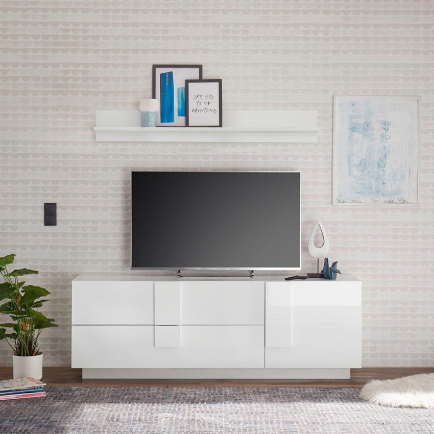 Meuble TV Moderne Blanc - Etagère en verre 2 Tiroirs - Buffet Bas