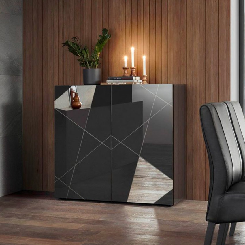 Buffet moderne gris brillant 2 portes miroir Vittoria Glam GR Promotion Buffet moderne gris brillant 2 portes miroir Vittoria Glam GR Promotion