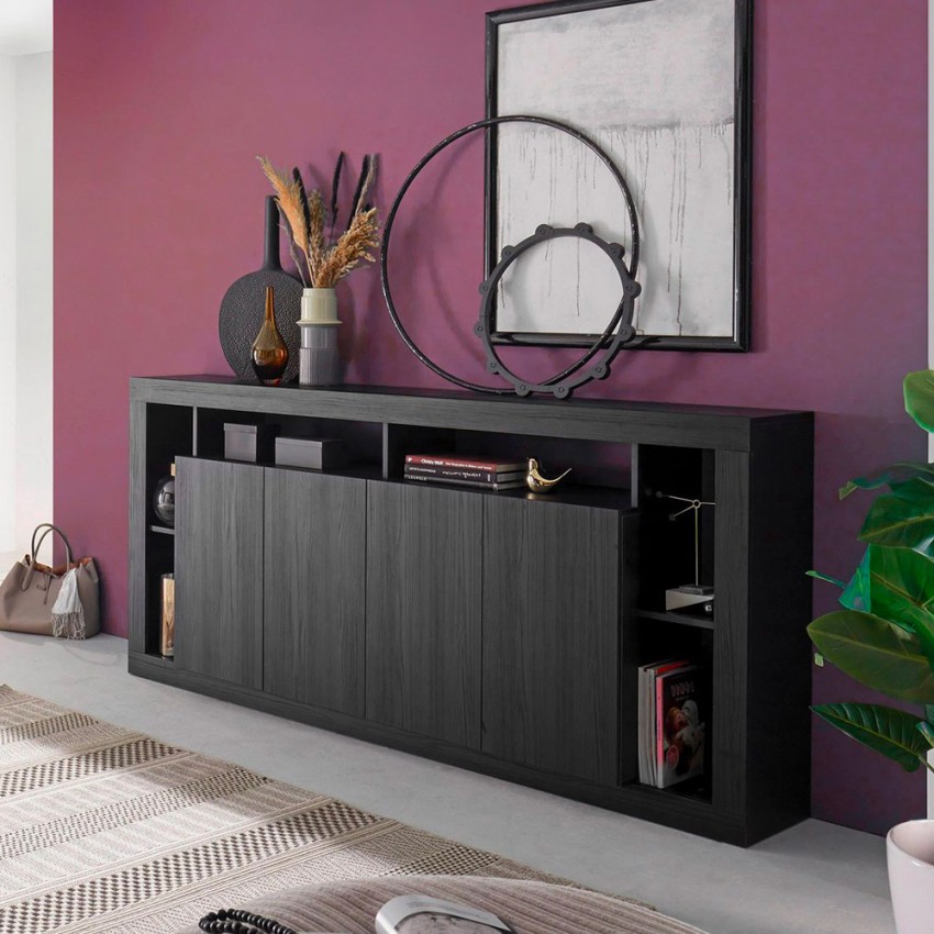 Buffet design moderne 4 portes en bois noir 210cm Radis NR Promotion Buffet design moderne 4 portes en bois noir 210cm Radis NR Promotion